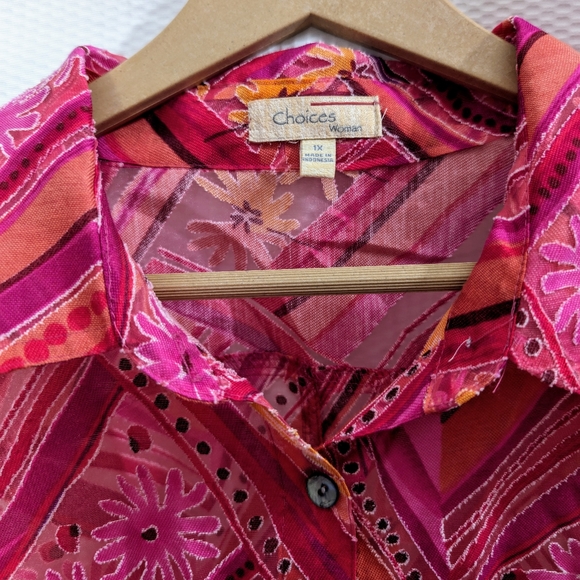 Choices Sheer Bright Pink Floral Button Down Top - 1X - Picture 4 of 8